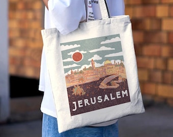 Vintage Jerusalem Tote Bag Hand drawn | Hebrew Jewish gift | Art bag, graphic bag, woman gift shopping everyday bag, shabbos, shabbat