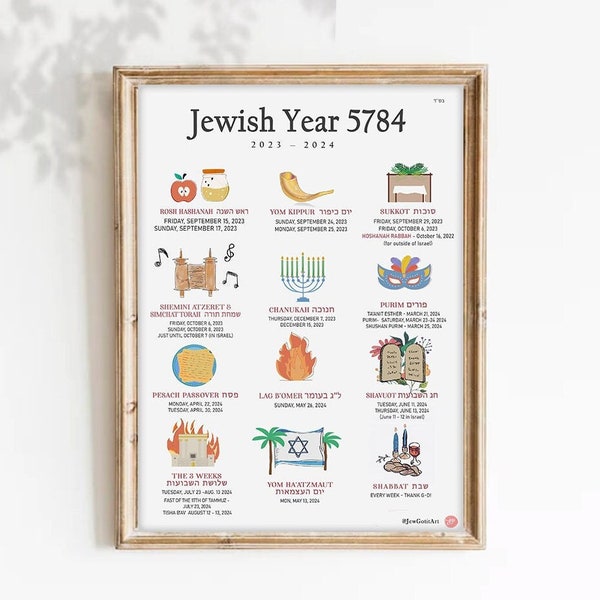 Jewish Calendar 5784 Download Printable, Art, illustrations, Year 2023 2024 Digital, Hebrew Calendar Planner, Jewish Holidays, Wall Decor