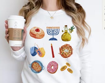 Chanoeka trui Latke menora donut shirt vrouw man shirt unisex joods cadeau Israël sweatshirt joods shirt chanoeka Israëlische kunstenaar vakantie