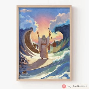 Puede incluir: Una pintura que representa a un hombre con un bastón de pie sobre una ola, con los brazos levantados hacia el cielo. El hombre está rodeado de otras personas de pie sobre las olas. El cielo es de un azul vibrante con nubes blancas y una puesta de sol rosa y naranja en el fondo.