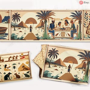 Passover Story Table Runner Egyptian Hieroglyphs Matzah Cover Afikomen Set Seder Table Decor with Ancient Egyptian Art Pesach Gifts Jewish