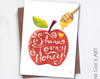 Shana Tova Honey Apple Card Rosh Hashana, Graphic Card  | Funny, Colorful and Jewish Holiday Greeting Card