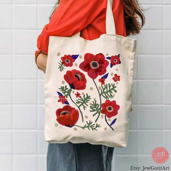 Mercado de Flores Tel Aviv, flor Kalanit de Israel, regalo, bolso de mano de flores, bolsa de flores, bolso de mano, bolsa de algodón, israel, bolsa de compras, regalo judío