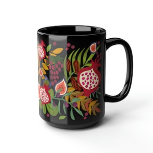 Taza negra 7 frutas de Israel Taza 7 especies de Israel, taza de té, café, taza de cerámica, 11 oz, 15 oz, taza de trabajo, taza de mañana, regalo judío, artista israelí
