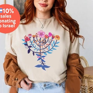 Hanukkah Flower Menorah Shirt, Unisex Heavy Cotton Tee, Hanukkah, hanukkah gifts, Jewish gift, Israel art chanukah woman shirt flower tshirt