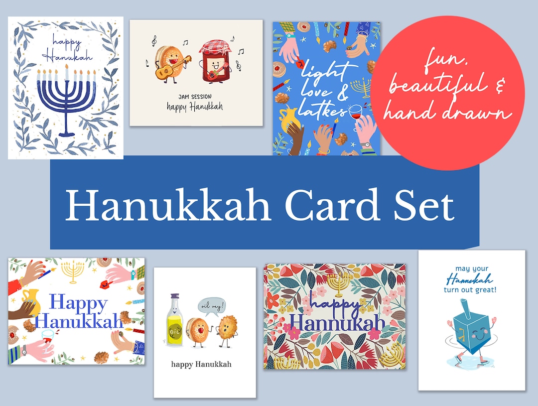 Hanukkah Holiday Card Set of 8, Beautiful Funny Punny Hanukkah Cards, Latkes, Menorah, Jelly