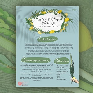 Puede incluir: Una guía ilustrada azul y verde para la festividad judía de Sucot, que presenta las bendiciones para el Lulav y el Etrog, con texto en hebreo e instrucciones sobre cómo sostener y agitar las ramas.