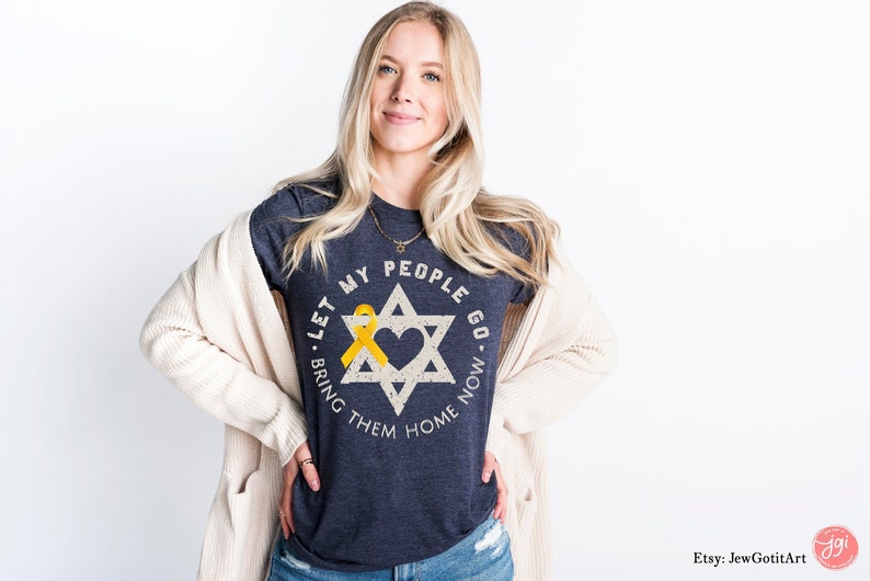 Passover Let my People Go Bring Them Home Now Shirt Gifts Tshirt Am Yisrael Chai Yellow Ribbon Pesach Jewish Star David Cotton Israeli Art zdjęcie 1