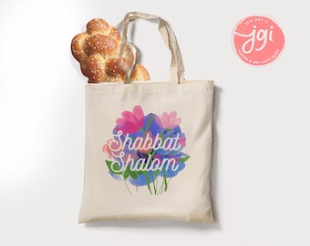 Shabbat Shalom Tote Bag Hand drawn | Hebrew Jewish gift | Art bag, graphic flower bag, woman gift shopping everyday bag, shabbos shabbat bag