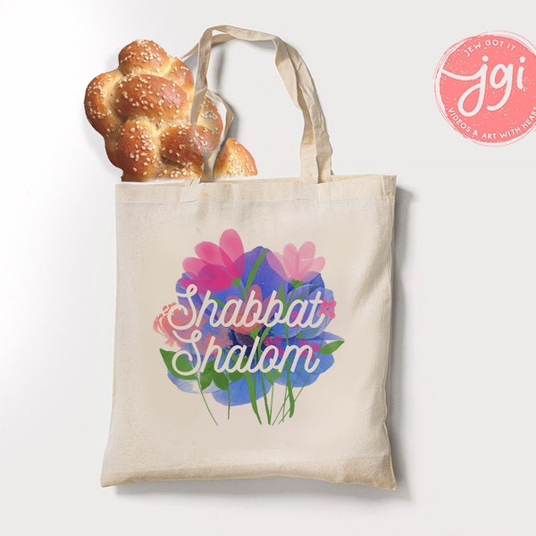 Shabbat Shalom Tote Bag Hand drawn | Hebrew Jewish gift | Art bag, graphic flower bag, woman gift shopping everyday bag, shabbos shabbat bag