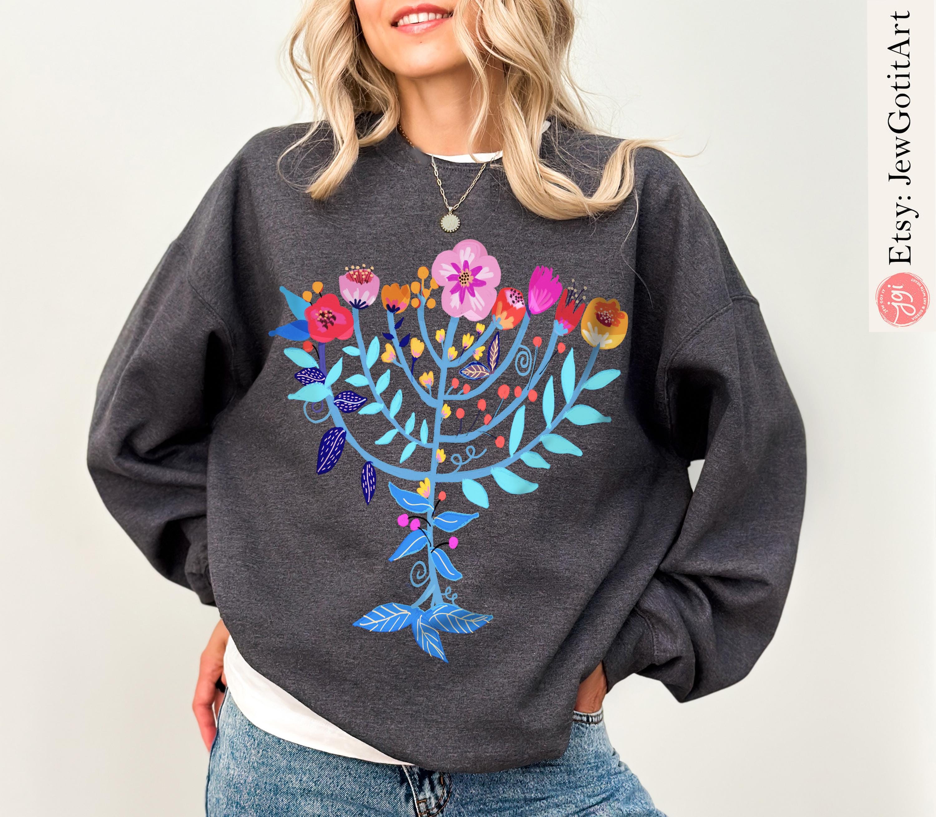 Hanukkah Menorah Sweater T-Shirt Unisex Floral Art Sweatshirt Jewish Gift from Israeli Artist Israel Jewish Shirt Chanukah Israeli Artist