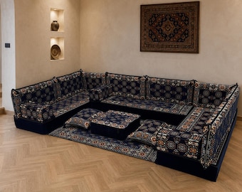Navy Oriental Style Majlis Sofa, Handmade Turkish Floor Seating, Geometric Pattern Couch, Ottoman Pouf Corner Lounge, Living Room Home Decor