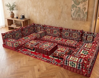 Custom Handmade Corner Set, Turkish Floor Seating Set, Authentic Majlis Style Sofa, Kilim Pattern Couch For Living Room and Balcony Lounge