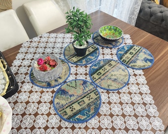 8.5 inches Handmade Vintage Kilim Placemat,Home Decor Placemats,Dinner Table linens,Decor Placemat,American Service Table Mat,Home decor Rug