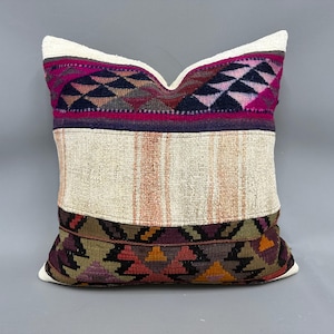 Turkish Kilim Pillow, Antique Pillows, 24x24 Boho Pillow Sham Cover, Pillow for Couch, Beige Pillow Cover, Patchwork Pillow,