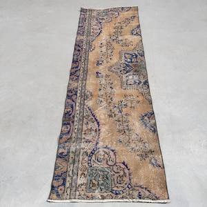 Runner Rug Turkish Vintage Faded Oushak Rugs For Corridor 2.5x8.1 ft Orange Handmade Wool Floor Muted Handwoven Outdoor Anatolian Organic