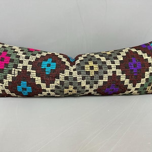 Handmade Kilim Cushion, Boho Pillow, 12x36 Kilim Pillow, Home Decor Pillow, Brown Pillow, Lumbar Pillow, Turkish Hand-Stitched Pillow,