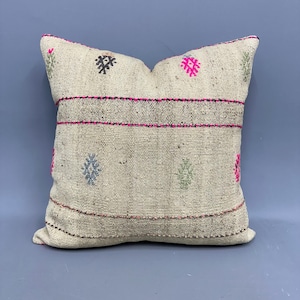 Interior Designer Pillow, Vintage Kilim Throw Pillow, 24x24 Boho Pillow Sham Cover, Ethnical Kilim Rug Pillow, Beige Pillow Cover,