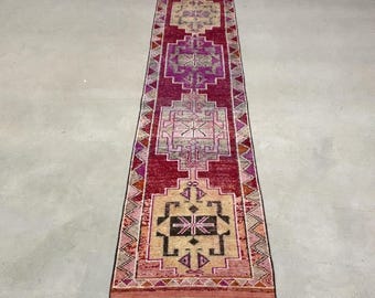Turkish Vintage Herki Runner Rug 2.9x13.6 ft, Red Check Rug Wool