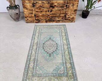 Turkish Oversize Rug 3x5.7 ft, Green Brown Polka dot Rug Wool