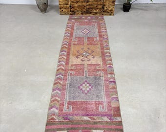 3.2x11.1 ft Rug, Turkish Vintage Rug, Orange Pink Ikat Wool Rug