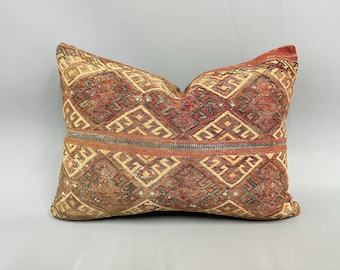 Boho Pillow Sham Cover, Kilim Pillow, 20x28 Turkish Kilim Pillow, Handmade Kilim Cushion, Red Cushion Case, Ethnic Kilim Lumbar Pillow,