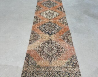 Vintage Rug, 3x13 Runner Rug, Turkish Rug, Oushak Rug, Rugs For Stair, 2.8x12.7 ft Orange Rug, Colorful Area Rug, Hallway Runner Rug,