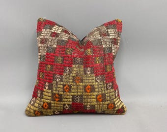 Antique Pillows, Pillow for Sofa, 16x16 Kilim Cushion Sham, Turkish Pillow, Red Pillow Cover, Turkish Hand-Stitched Pillow Pillow,