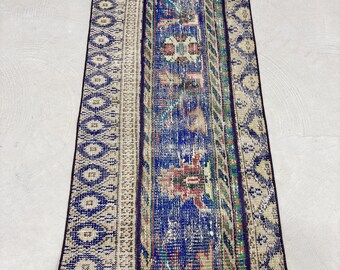 Small Rugs Turkish Vintage Patchwork Antique For Bathroom 1.9x3.6 ft Blue Wool Oushak Anatolian Neutral Turkish Hand Knotted Organic