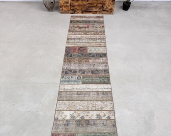 2.8x10.9 ft Turkish Rug, Vintage Runner Rug, Beige Rainbow Abstract Wool Rug