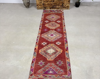 Vintage Runner Rug 2.9x10.9 ft (88x333 cm), Herki Orange Animal Print Turkish Rug
