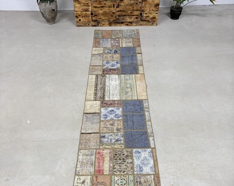 2.5x9.7 ft Turkish Rug, Vintage Runner Rug, Brown Rainbow Check Rug