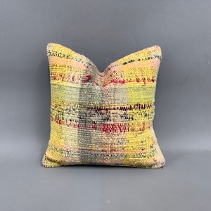 Ethnical Kilim Rug Pillow, Handmade Kilim Cushion, 12x12 Pillow for Sofa, Antique Pillows, Yellow Cushion, Contemporary Striped Pillow,