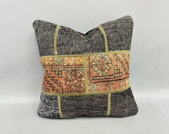 Vintage Pillow, Ethnical Kilim Rug Pillow, 20x20 Throw Kilim Pillow, Gift Pillow, Black Pillow, Patchwork Pillow, Textured Pillow,