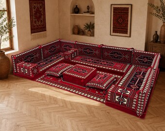 Red L Shaped Majlis Sofa, Handmade Turkish Floor Seating, Anatolian Motif Couch, Ottoman Pouf Lounge, Bohemian Living Room Decor