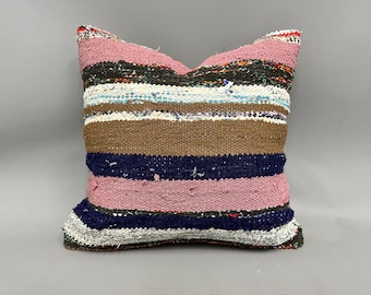 Throw Kilim Pillow, Pillow for Couch, 18x18 Vintage Kilim Pillow, Kilim Pillow Cover, Pink Pillow Cover, Vintage Striped Kilim Pillow,