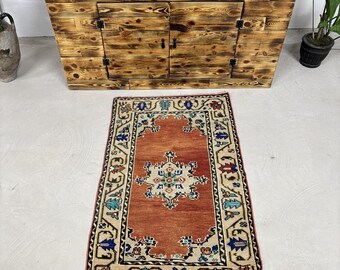 Vintage Turkish Rug 2.7x4.3 ft (81x130 cm), Orange Brown Camouflage Rug