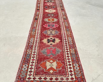 Alfombras de pasillo de 3x14, alfombra turca, alfombra vintage, alfombra Herki, alfombra antigua, alfombras para pasillo, alfombra roja de 2.8x13.4 pies, alfombra oriental anudada a mano.