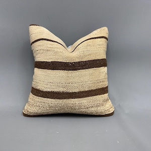 Kilim Pillow Cover, Boho Pillow Sham Cover, 16x16 Home Decor Pillow, Kilim Pillow, Beige Cushion, Boho Stripe Kilim Pillow,
