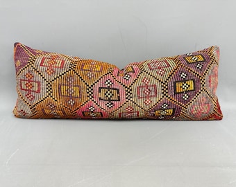 Boho Pillow, Antique Pillows, 16x42 Kilim Pillow Cover, Ethnical Kilim Rug Pillow, Embroidered Pink Cushion Case, Patchwork Lumbar Pillow,
