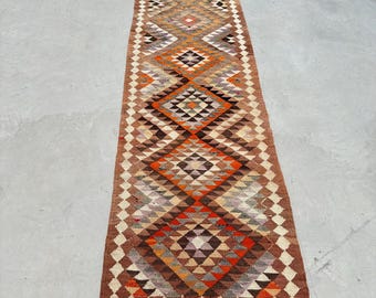 Vintage Kilim, Turkish Kilim, Runner Kilim, Herki Kilim, Rugs For Hallway, 3.1x10.4 ft Brown Kilim, Vintage Turkish Kilim, Stair Runner Rug