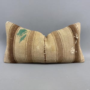 May include: A brown and white striped throw pillow with a green design. The pillow is made of a woven fabric and has a slightly distressed look.