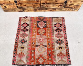2.7x2.7 ft Turkish Oversize Rug, Orange Pink Vintage Patchwork Wool Rug