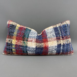 Turkish Kilim Pillow, Pillow for Sofa, 12x24 Kilim Pillow, Throw Kilim Pillow, Blue Pillow, Rectangular Pillow, Contemporary Striped Pillow,