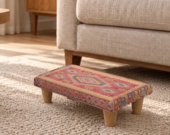 Multicolor Foot Bench, Rustic Upholstered Step Stool, Traditional Pattern Decorative Ottoman, Compact Wooden Footrest, Accent Furniture