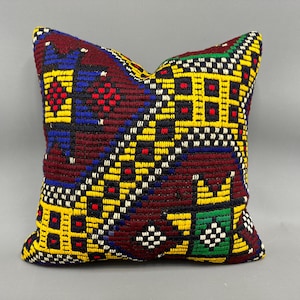 Gift Pillow, Kilim Pillow, 18x18 Ethnical Kilim Rug Pillow, Home Decor Pillow, Yellow Pillow, Authentic Handwoven Pillow,