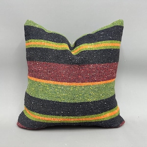 Turkish Kilim Pillow, Gift Pillow, 18x18 Turkish Pillow, Ethnical Kilim Rug Pillow, Green Pillow, Turkish Striped Pillow,