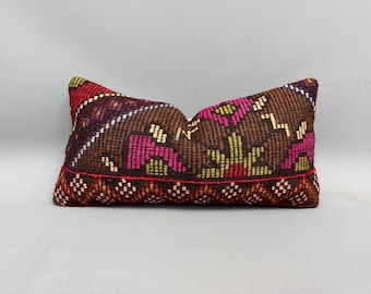 Throw Kilim Pillow, Handmade Kilim Cushion, 12x24 Pillow for Couch, Antique Pillows, Brown Cushion, Lumbar Pillow, Handmade Woven Pillow,