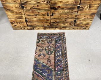 Turkish Vintage Oversize Rug 1.7x3 ft, Blue Brown Bordered Wool Rug