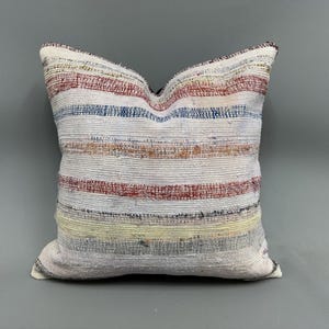 Vintage Pillow, Ethnical Kilim Rug Pillow, 20x20 Handmade Kilim Cushion, Pillow for Sofa, Blue Cushion, Colorful Stripe Pillow,